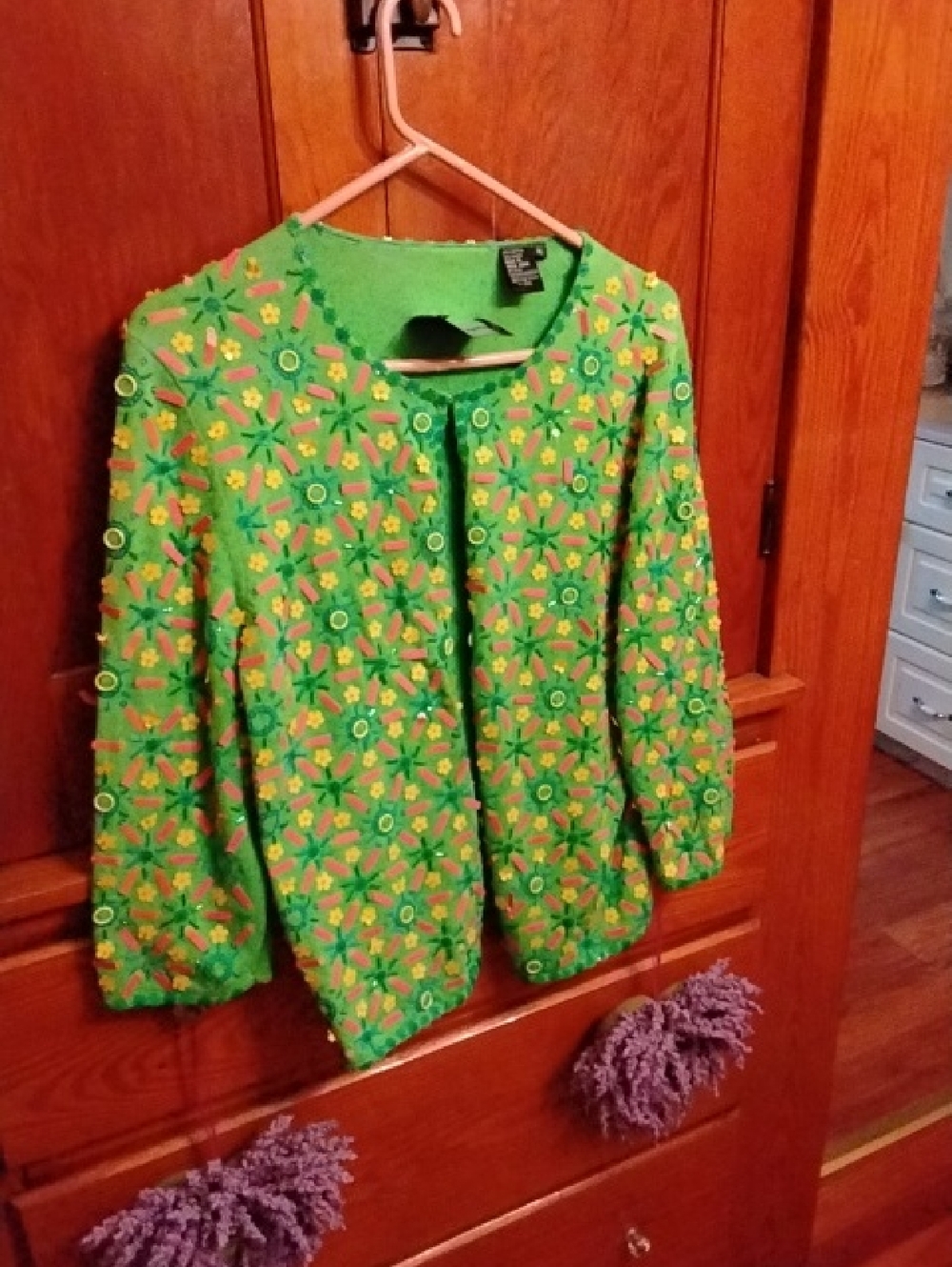 Michael Simon Green Embellished Floral Sweater